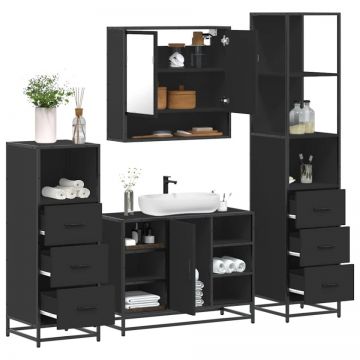 Set de mobilier de baie 4 piese Lemn negru prelucrat