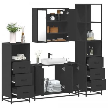 Set de mobilier de baie 4 piese Lemn negru prelucrat