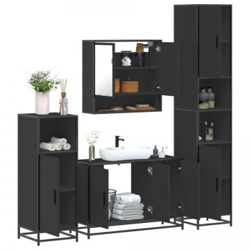 Set de mobilier de baie 4 piese Lemn negru prelucrat