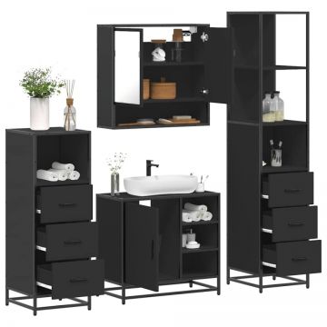 Set de mobilier de baie 4 piese Lemn negru prelucrat