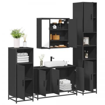 Set de mobilier de baie 4 piese Lemn negru prelucrat