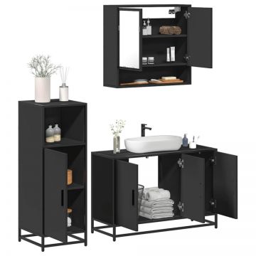 Set mobilier de baie, 3 piese, negru, lemn compozit