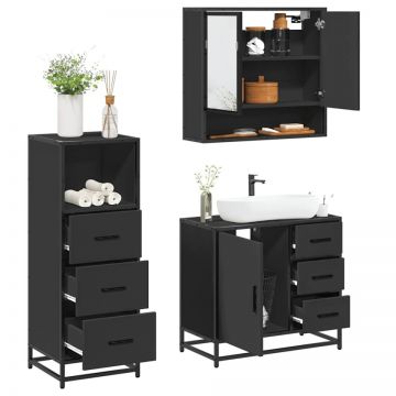 Set mobilier de baie, 3 piese, negru, lemn compozit