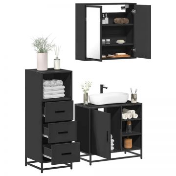 Set mobilier de baie, 3 piese, negru, lemn compozit