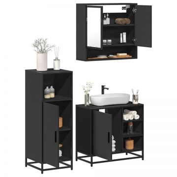 Set mobilier de baie, 3 piese, negru, lemn compozit