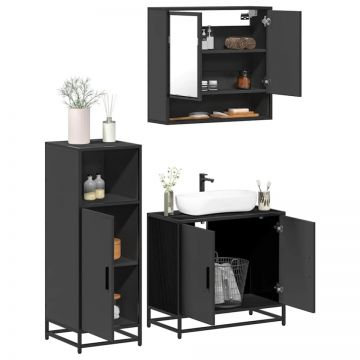 Set mobilier de baie, 3 piese, negru, lemn compozit