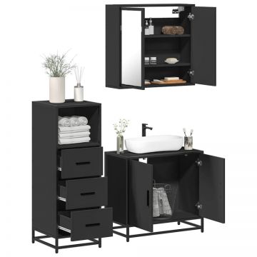 Set mobilier de baie, 3 piese, negru, lemn compozit