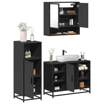 Set mobilier de baie, 3 piese, negru, lemn compozit