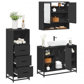 Set mobilier de baie, 3 piese, negru, lemn compozit