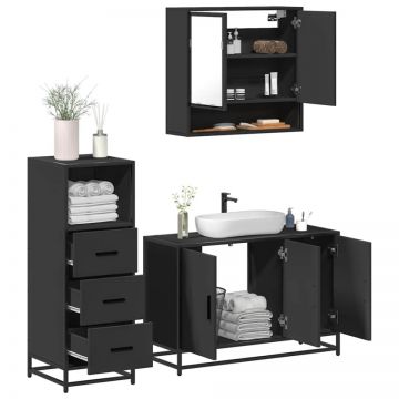 Set mobilier de baie, 3 piese, negru, lemn compozit