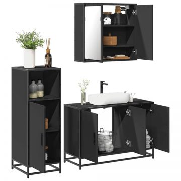 Set mobilier de baie, 3 piese, negru, lemn compozit