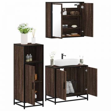 Set mobilier de baie, 3 piese, stejar maro, lemn prelucrat