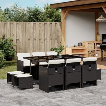 Set mobilier de exterior cu perne, 11 piese, negru, poliratan