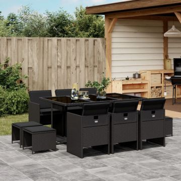 Set mobilier de exterior cu perne, 11 piese, negru, poliratan