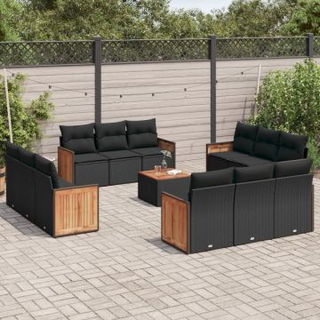 Set mobilier de grădină cu perne, 13 piese, negru, poliratan