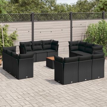 Set mobilier de grădină cu perne, 13 piese, negru, poliratan