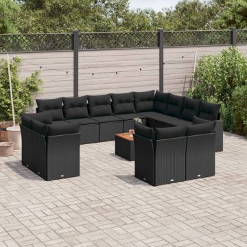 Set mobilier de grădină cu perne, 13 piese, negru, poliratan