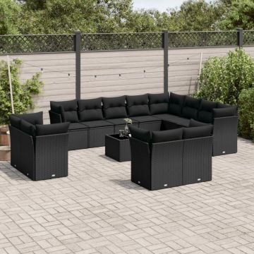 Set mobilier de grădină cu perne, 13 piese, negru, poliratan