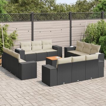 Set mobilier de grădină cu perne, 13 piese, negru, poliratan