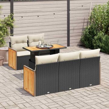 Set mobilier grădină perne 6 piese negru poliratan/lemn acacia