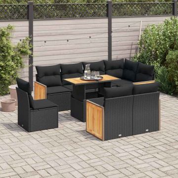 Set mobilier grădină perne 9 piese negru poliratan/lemn acacia