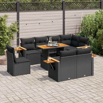 Set mobilier grădină perne 9 piese negru poliratan/lemn acacia