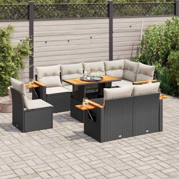 Set mobilier grădină perne 9 piese negru poliratan/lemn acacia