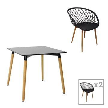 Set de 3 buc masa si scaune Ezra-Natali plastic PP-MDF culoare negru-natural 80x80x76 cm