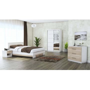 Set dormitor Beta, alb / sonoma, dulap 120 cm, pat 140x200 cm, 2 noptiere, comoda