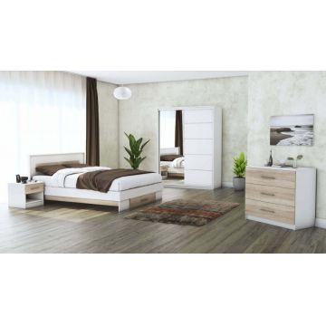 Set dormitor Beta, alb / sonoma, dulap 150 cm, pat 140×200 cm, 2 noptiere, comoda