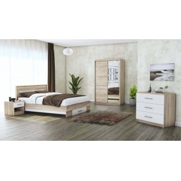 Set dormitor Beta, sonoma/alb, dulap 120 cm, pat 160x200 cm, 2 noptiere, comoda