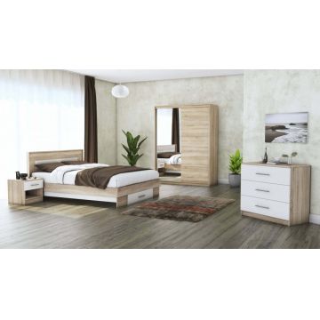 Set dormitor Beta, sonoma/alb, dulap 150 cm, pat 160x200 cm, 2 noptiere, comoda