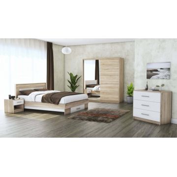 Set dormitor Beta, sonoma / alb, dulap 183 cm, pat 140×200 cm, 2 noptiere, comoda