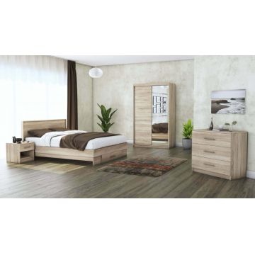 Set dormitor Beta, sonoma, dulap 120 cm, pat 140x200 cm, 2 noptiere, comoda