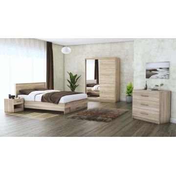 Set dormitor Beta, sonoma, dulap 150 cm, pat 140×200 cm, 2 noptiere, comoda