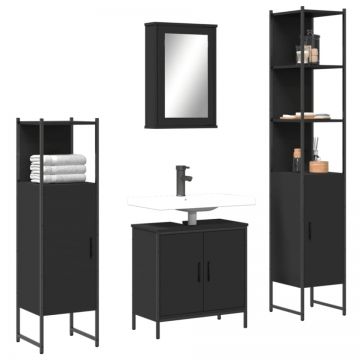 Set mobilier de baie, 4 piese, negru, lemn prelucrat