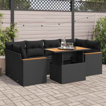 Set mobilier grădină perne 6 piese negru poliratan/lemn acacia