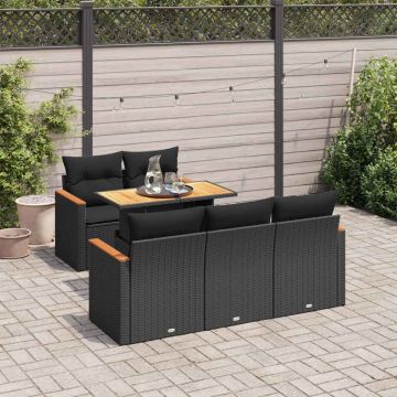 Set mobilier grădină perne 6 piese negru poliratan/lemn acacia