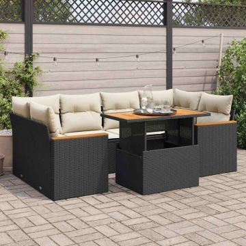 Set mobilier grădină perne 6 piese negru poliratan/lemn acacia