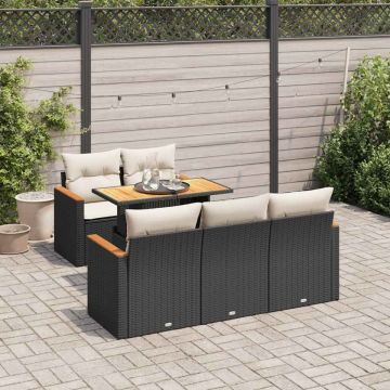 Set mobilier grădină perne 6 piese negru poliratan/lemn acacia