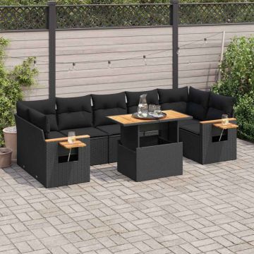 Set mobilier grădină perne 8 piese negru, poliratan/lemn acacia