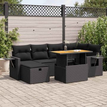 Set mobilier grădină perne 8 piese negru, poliratan/lemn acacia