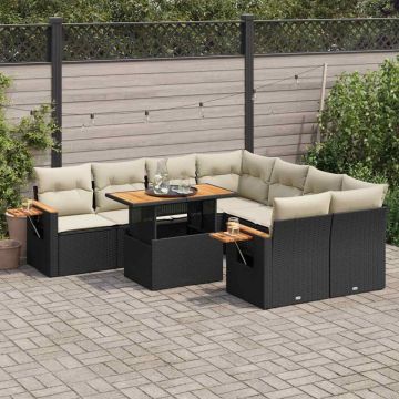 Set mobilier grădină perne 9 piese negru poliratan/lemn acacia