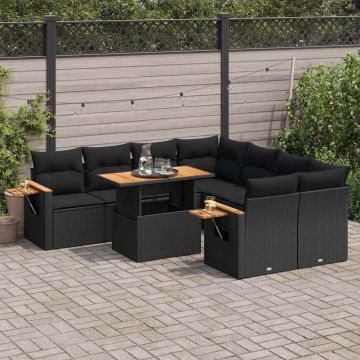 Set mobilier grădină perne 9 piese negru poliratan/lemn acacia